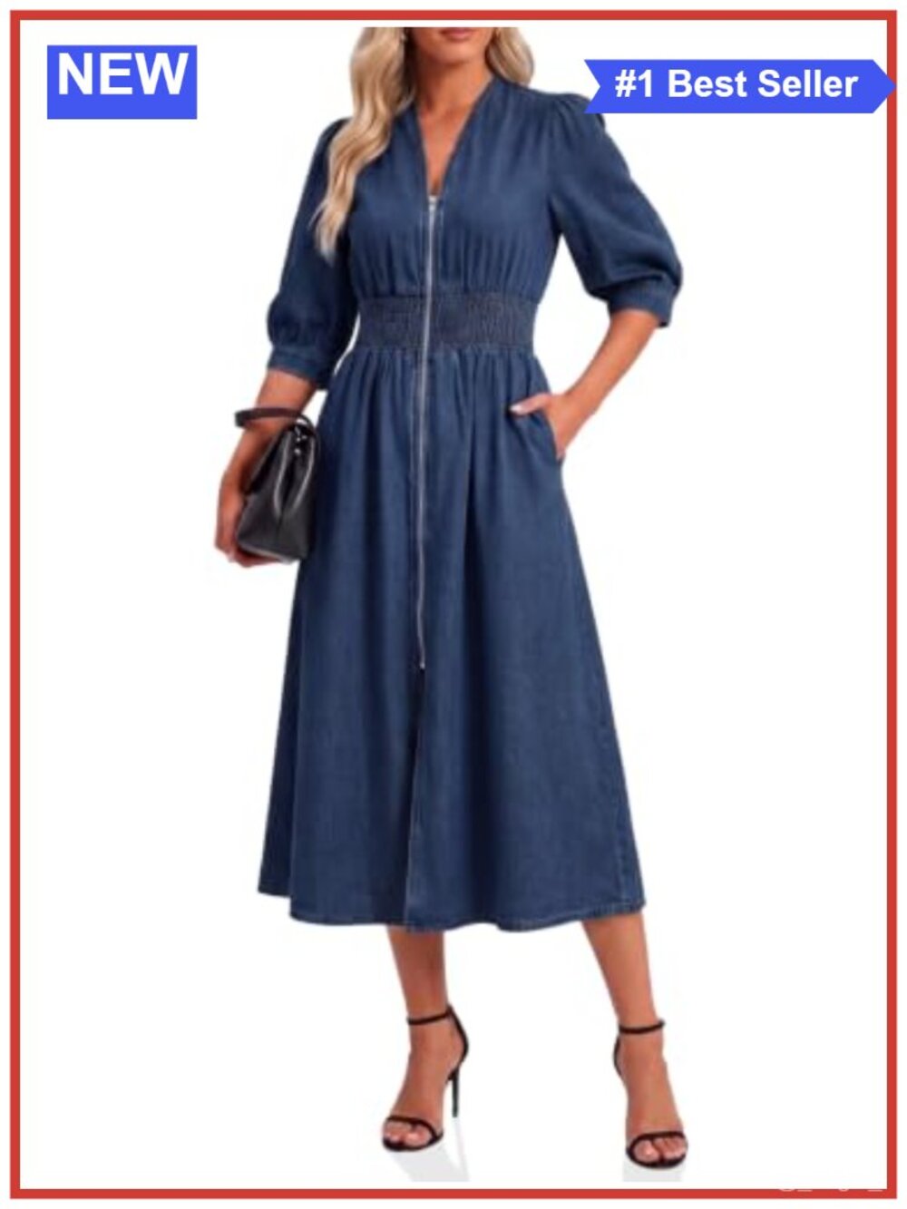 Women's Denim Midi Dress 3/4 Puff Sleeve V-Neck Smocked Waist Front Zip